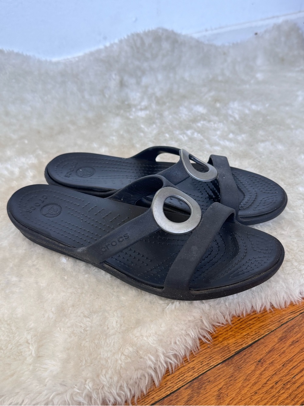 CROCS Black Slide Sandals with Silver Ring Detail Size 8